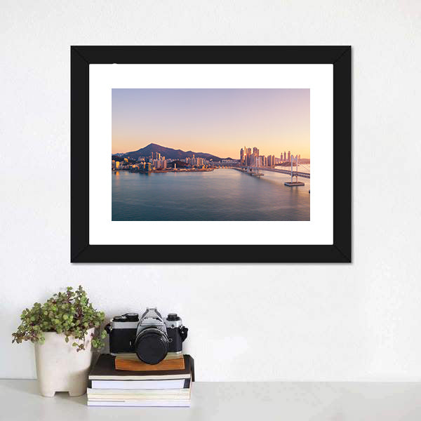 Aerial City Bridge at Sunset Canvas Wall Art