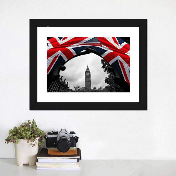 Big Ben With Flag Of England Canvas Wall Art-5 Horizontal-Gallery Wrap-22" x 12"-Tiaracle