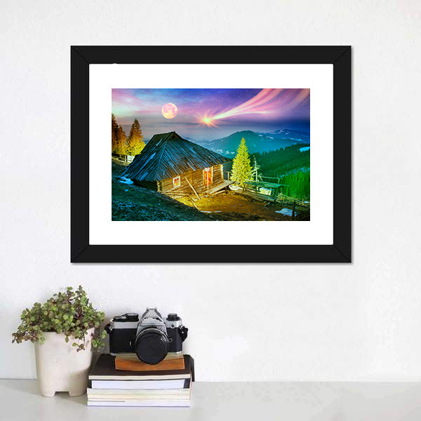 Mountain Cabin Beneath Aurora Borealis Canvas Wall Art