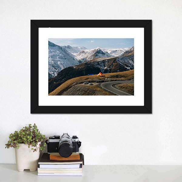 Winding Mountain Road with Snow-capped Peaks Canvas Wall Art