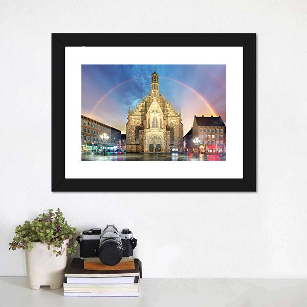 Frauenkirche Church With Rainbow Canvas Wall Art-5 Horizontal-Gallery Wrap-22" x 12"-Tiaracle