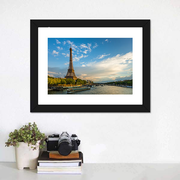 Eiffel Tower and Seine River Canvas Wall Art-5 Horizontal-Gallery Wrap-22" x 12"-Tiaracle