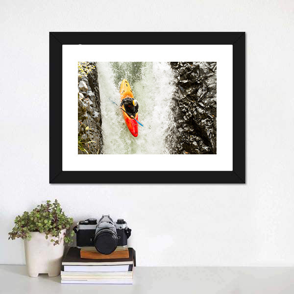 Adventurous Kayaker Navigating Waterfall Canvas Wall Art