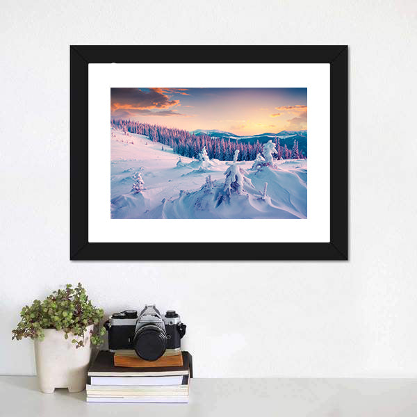 Colorful Winter Sunrise In The Mountains Canvas Wall Art-5 Horizontal-Gallery Wrap-22" x 12"-Tiaracle