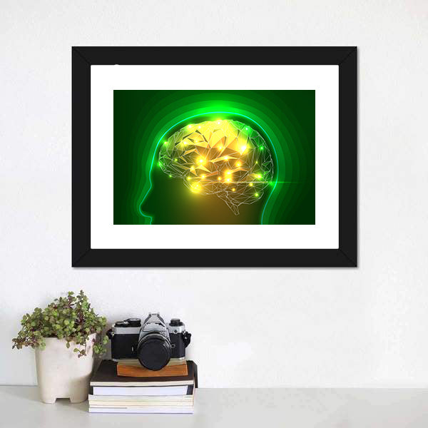 Wireframe Head with Glowing Polygonal Brain Canvas Wall Art