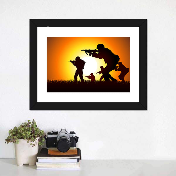 Soldiers Silhouette at Sunset Canvas Wall Art