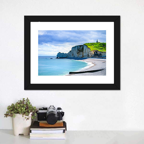 Etretat Cliff And Church Landmark And Its Beach On Morning Canvas Wall Art-5 Horizontal-Gallery Wrap-22" x 12"-Tiaracle