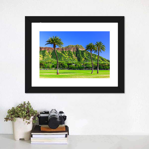 Diamond Head, Honolulu with Palm Trees Canvas Wall Art