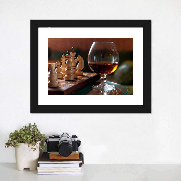 Chess Board And Chess Pieces With Wine Canvas Wall Art-5 Horizontal-Gallery Wrap-22" x 12"-Tiaracle