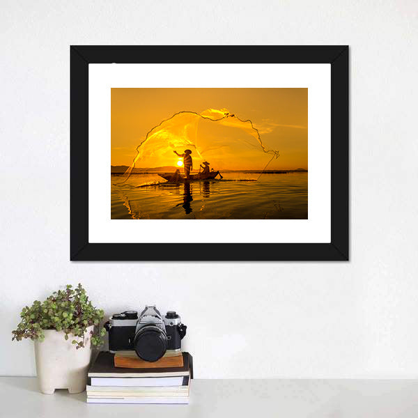 Fisherman Of Bangpra Lake In Thailand Canvas Wall Art-5 Horizontal-Gallery Wrap-22" x 12"-Tiaracle