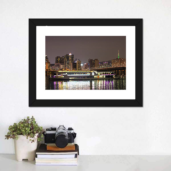 Night City Skyline with Bridge Reflection Canvas Wall Art