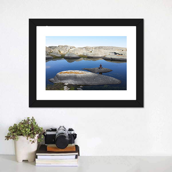 Marcahuasi Lake with Figure on Rock Canvas Wall Art