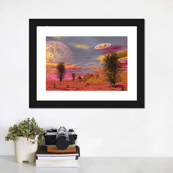 Alien Desert with Ringed Planet and Large Moon Canvas Wall Art