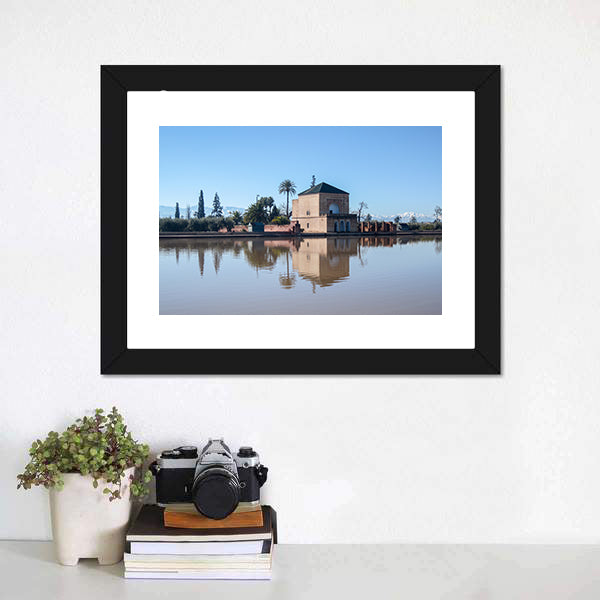 La Menara Reservoir with Palm Reflection Canvas Wall Art