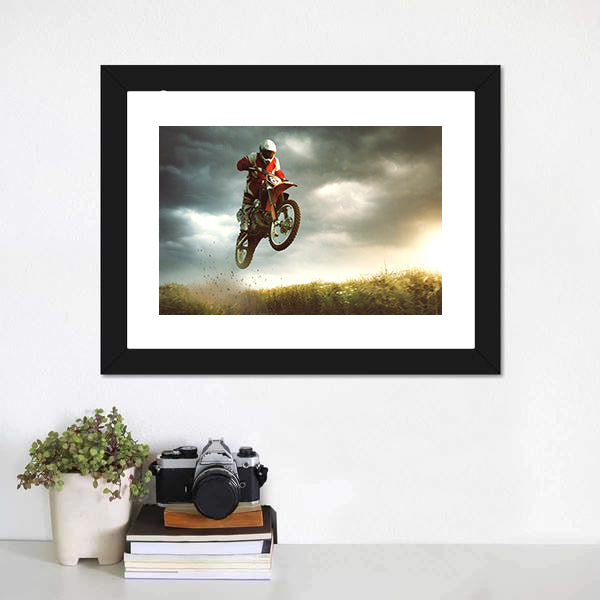 Biker Making A Stunt And Jumps In The Air Canvas Wall Art-5 Horizontal-Gallery Wrap-22" x 12"-Tiaracle
