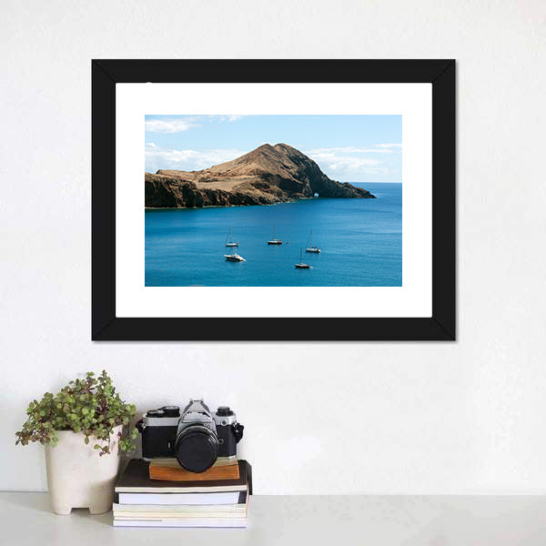 Rocky Island with Anchored Sailboats Canvas Wall Art
