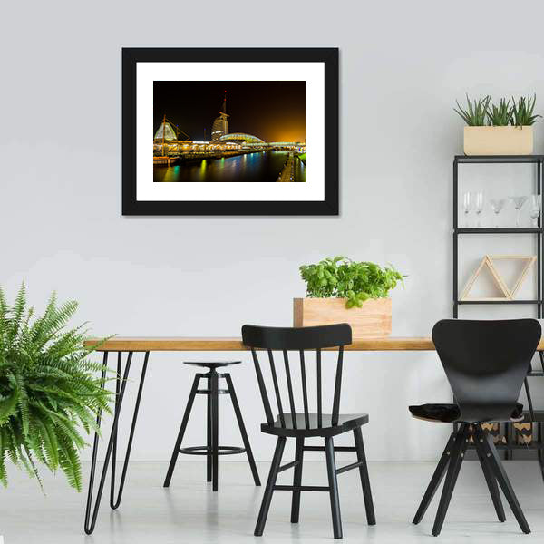 Night Bridge and River in Bremerhaven Canvas Wall Art