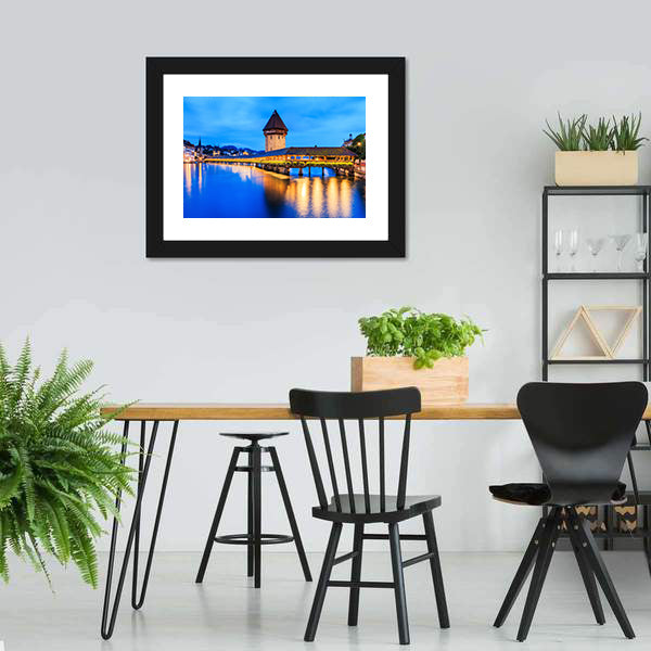Chapel Bridge In Evening Canvas Wall Art-5 Horizontal-Gallery Wrap-22" x 12"-Tiaracle