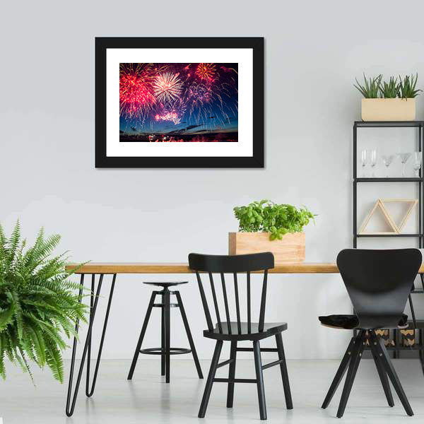 Colorful Fireworks Over City Skyline Canvas Wall Art