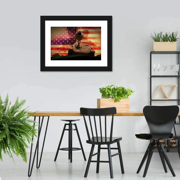 Soldier Silhouette with Tank and American Flag Canvas Wall Art