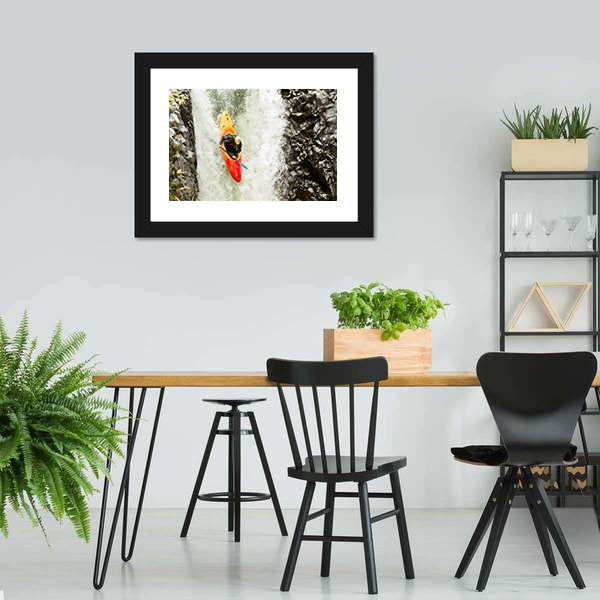 Adventurous Kayaker Navigating Waterfall Canvas Wall Art