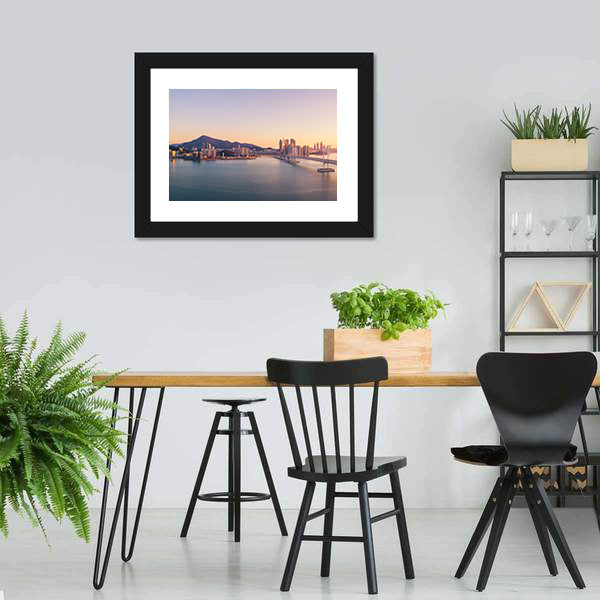 Aerial City Bridge at Sunset Canvas Wall Art