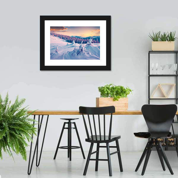 Colorful Winter Sunrise In The Mountains Canvas Wall Art-5 Horizontal-Gallery Wrap-22" x 12"-Tiaracle