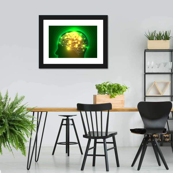 Wireframe Head with Glowing Polygonal Brain Canvas Wall Art