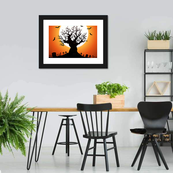 Gnarled Tree and Graveyard at Full Moon Canvas Wall Art