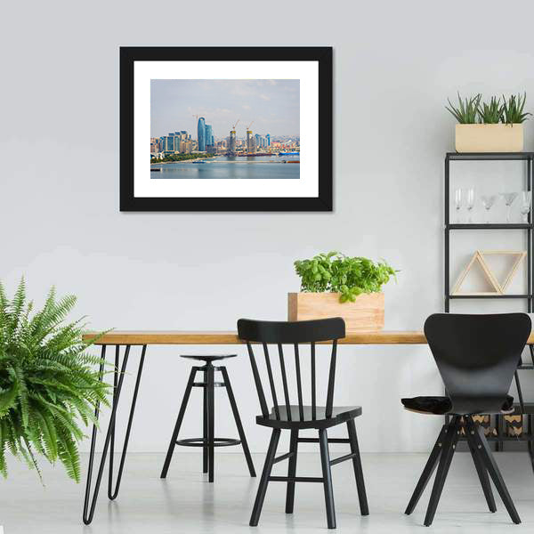 Baku Skyline With Caspian Sea Canvas Wall Art-3 Horizontal-Gallery Wrap-25" x 16"-Tiaracle