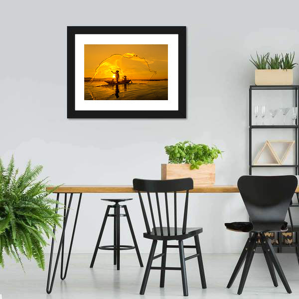 Fisherman Of Bangpra Lake In Thailand Canvas Wall Art-5 Horizontal-Gallery Wrap-22" x 12"-Tiaracle