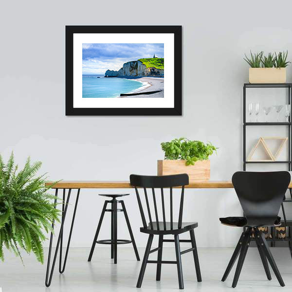 Etretat Cliff And Church Landmark And Its Beach On Morning Canvas Wall Art-5 Horizontal-Gallery Wrap-22" x 12"-Tiaracle