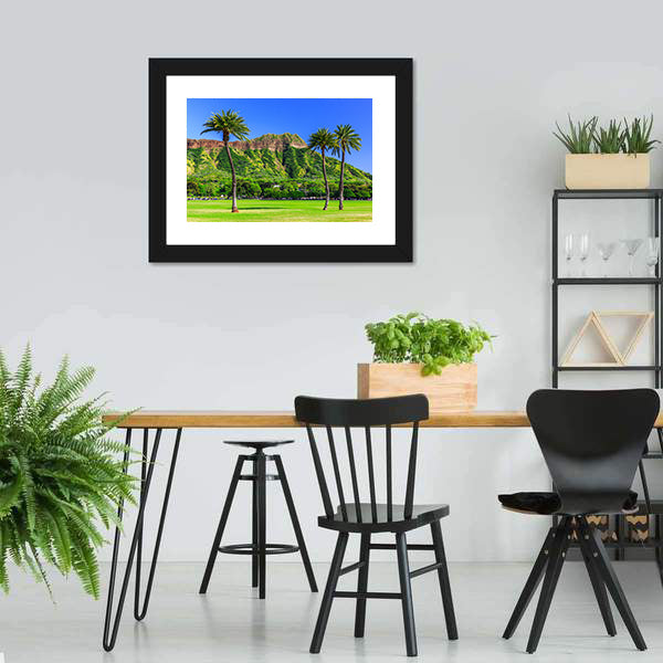 Diamond Head, Honolulu with Palm Trees Canvas Wall Art