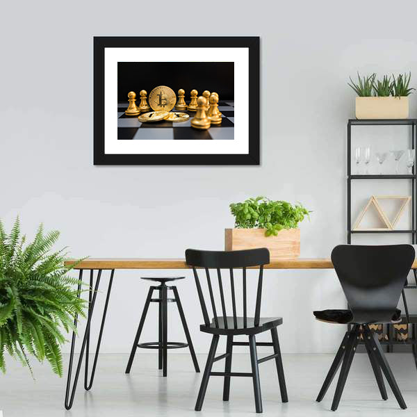 Golden Bitcoin And Chess Board Canvas Wall Art-5 Horizontal-Gallery Wrap-22" x 12"-Tiaracle