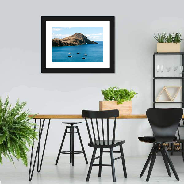 Rocky Island with Anchored Sailboats Canvas Wall Art
