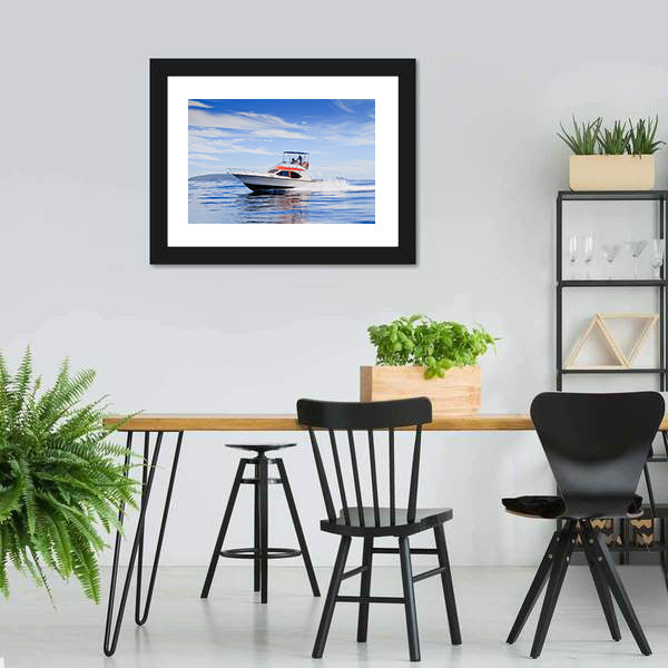 Motorboat In Ocean Canvas Wall Art-5 Horizontal-Gallery Wrap-22" x 12"-Tiaracle
