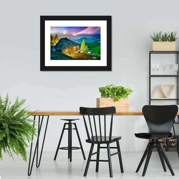 Mountain Cabin Beneath Aurora Borealis Canvas Wall Art
