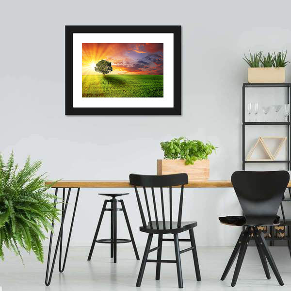 Alone Tree On Green Meadow Canvas Wall Art-5 Horizontal-Gallery Wrap-22" x 12"-Tiaracle