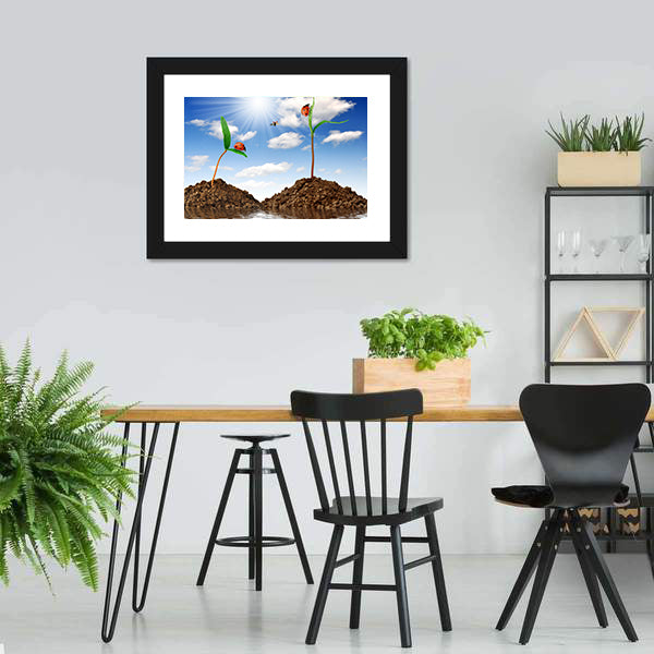 Two Sprouting Plants with Ladybugs Canvas Wall Art