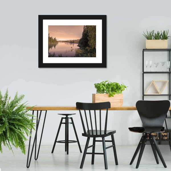 Misty Sunrise Over Lake Canvas Wall Art