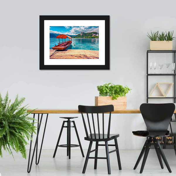 Boat on Lake with Castle and Mountains Canvas Wall Art