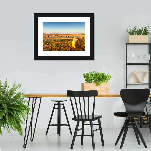 Sunset Hay Bales in Field Canvas Wall Art