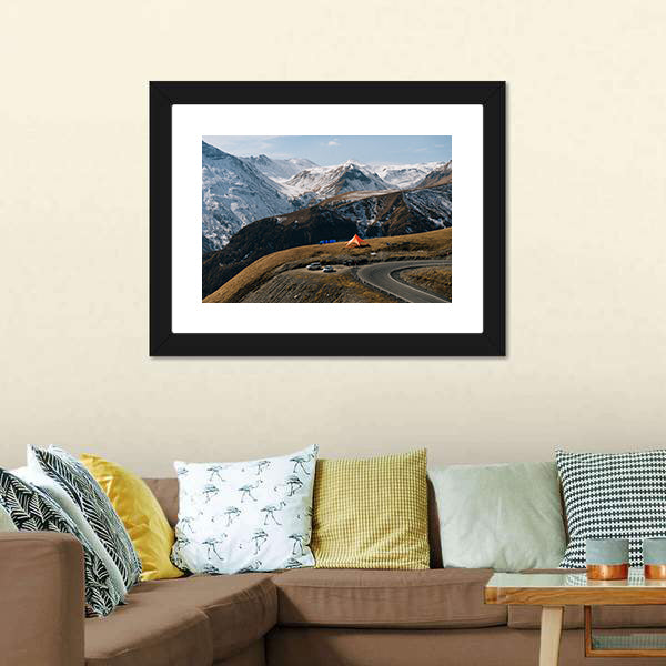 Winding Mountain Road with Snow-capped Peaks Canvas Wall Art