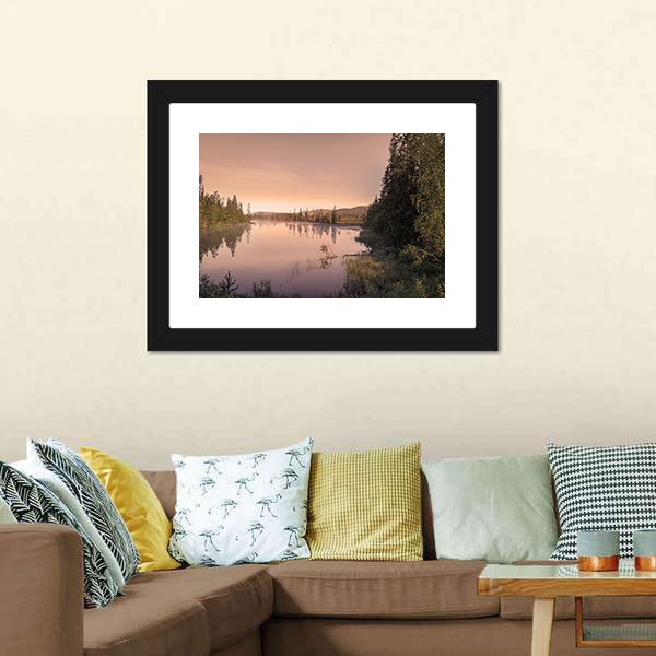 Misty Sunrise Over Lake Canvas Wall Art