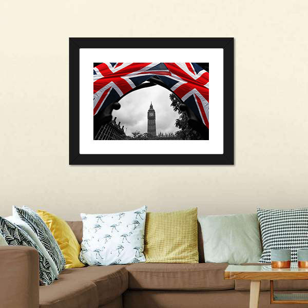 Big Ben With Flag Of England Canvas Wall Art-5 Horizontal-Gallery Wrap-22" x 12"-Tiaracle