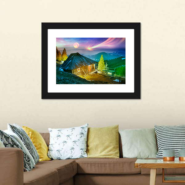 Mountain Cabin Beneath Aurora Borealis Canvas Wall Art