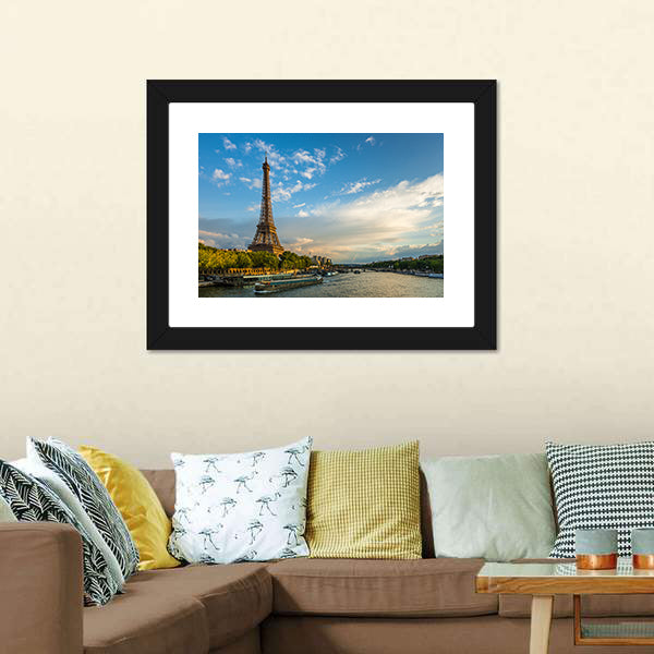 Eiffel Tower and Seine River Canvas Wall Art-5 Horizontal-Gallery Wrap-22" x 12"-Tiaracle