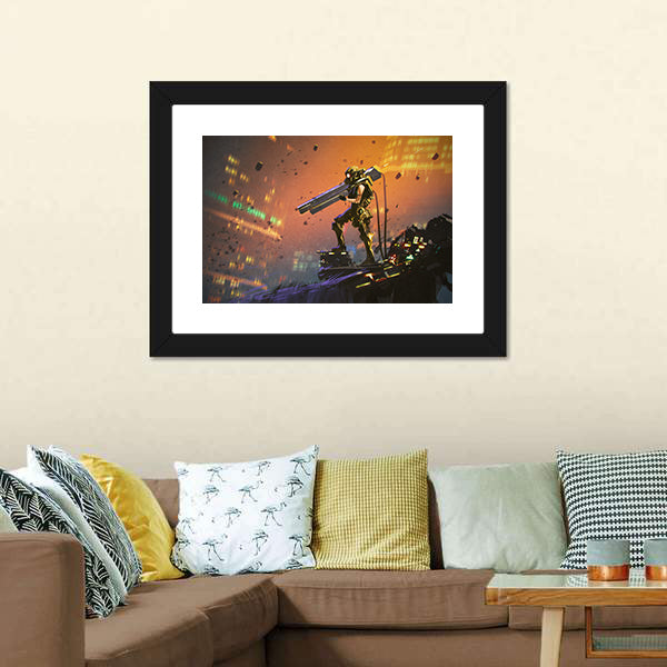 Futuristic Soldier With Gun Canvas Wall Art-5 Horizontal-Gallery Wrap-22" x 12"-Tiaracle