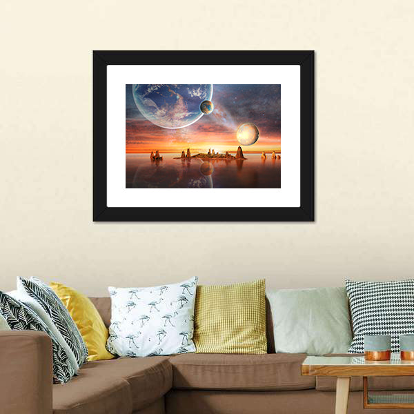 Alien Planet with Multiple Moons at Dusk Canvas Wall Art