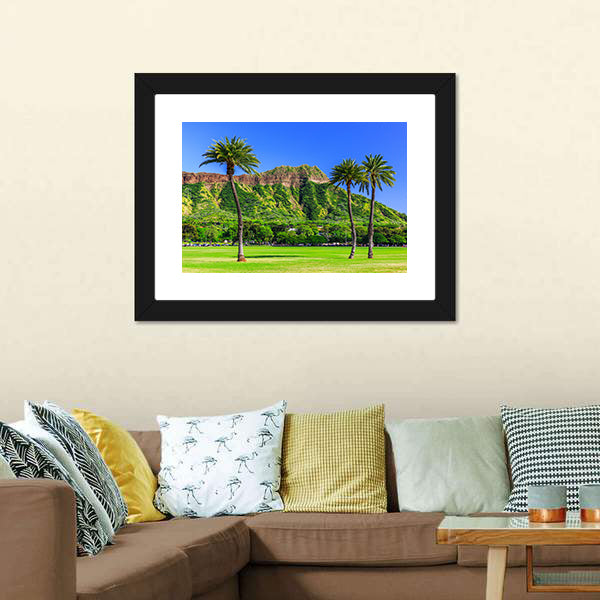 Diamond Head, Honolulu with Palm Trees Canvas Wall Art